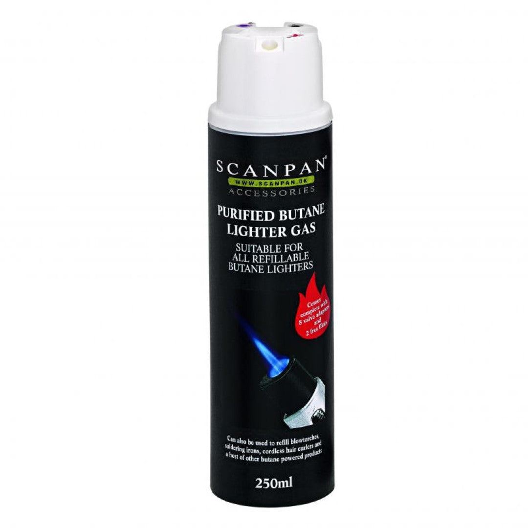 Butane gas cylinder (250ml) for refilling SCANPAN chef's torch, featuring purified butane gas.