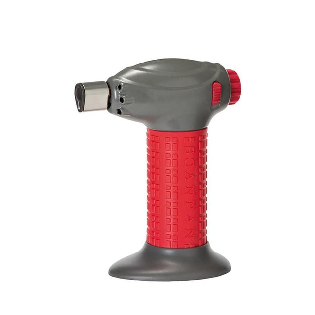 Red Scanpan Spectrum Chef's Torch with a soft grip handle, ideal for perfecting desserts with a temperature range of 500-1300C.