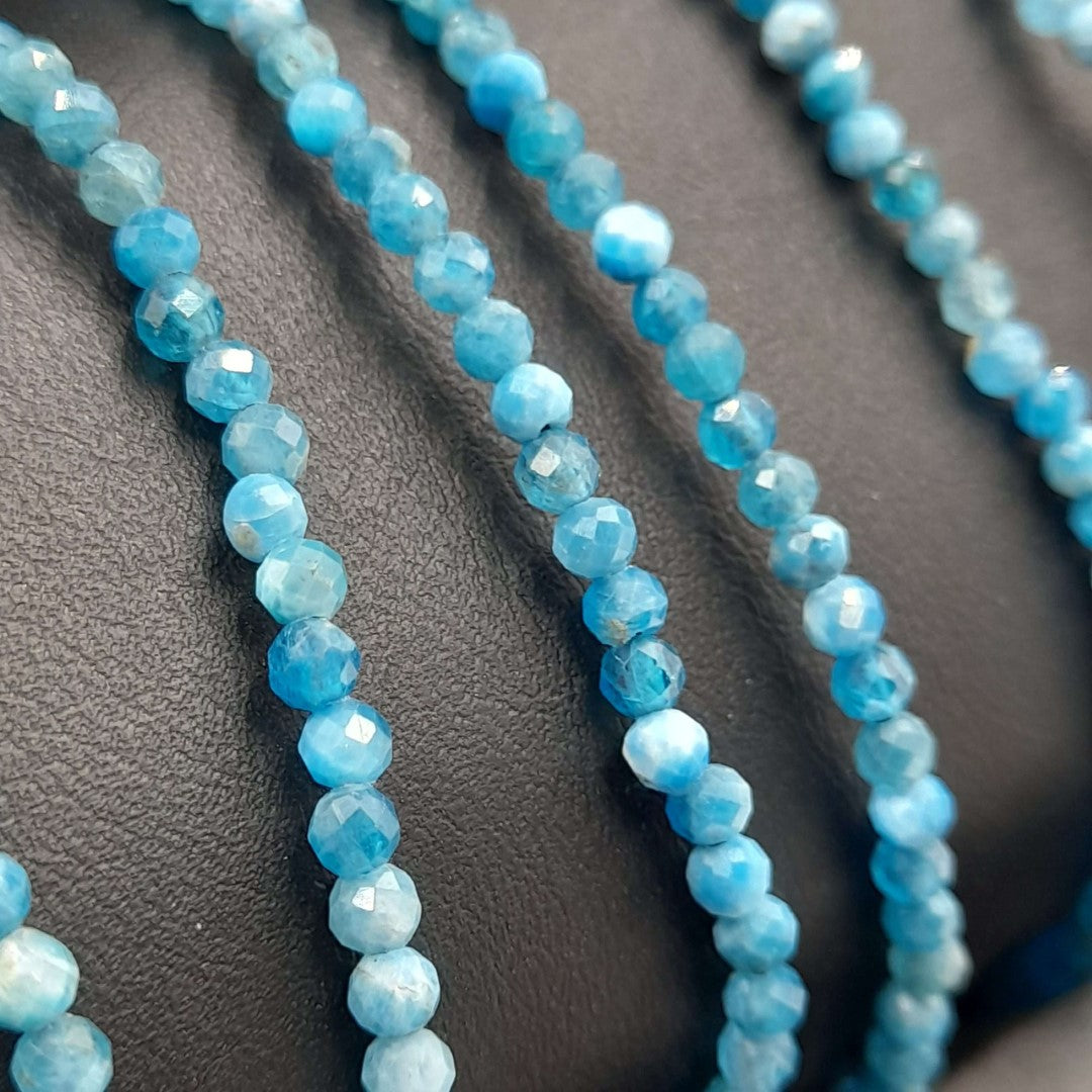 Set of 3 ocean-blue apatite bracelets with star cut faceting, adjustable for all wrist sizes, ideal for layering.