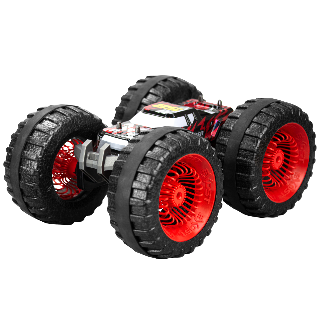 Large remote control car with EPP tires, anti-shock suspension, and 180-degree flipping stunts, perfect for outdoor adventures.