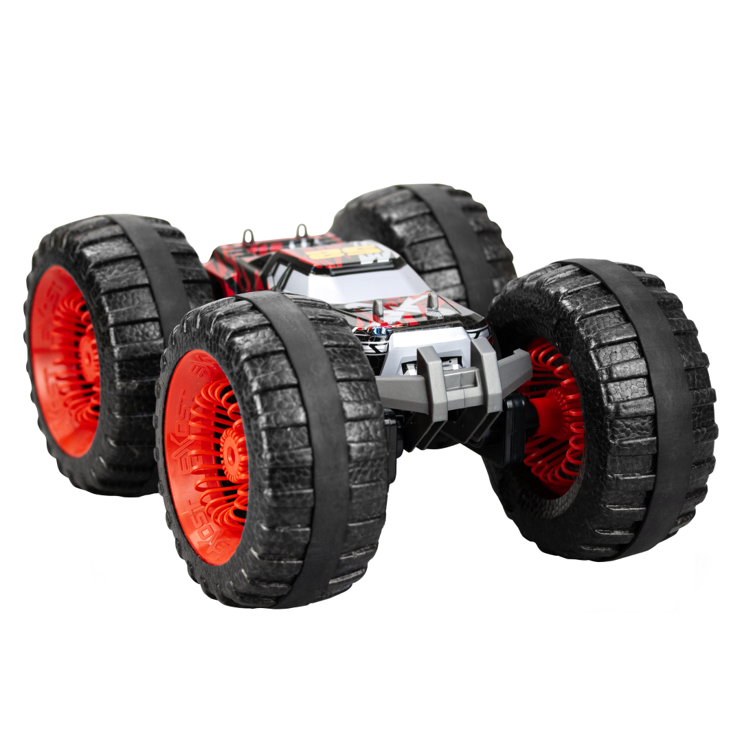 SILVERLIT EXOST LAND BUSTER RC car with durable EPP tires, anti-shock suspension, and 180-degree stunt capabilities.