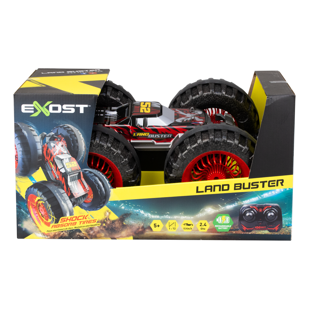 Large SILVERLIT EXOST LAND BUSTER RC car with EPP tires, anti-shock suspension, and 180° flipping stunts.