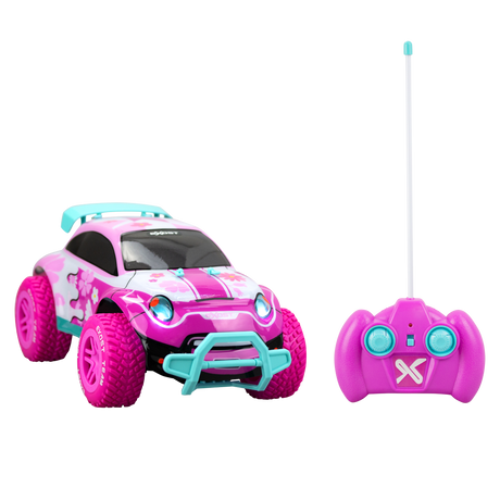 Remote control off-road car with LED headlights, durable tires, and a sleek design, perfect for adventurous play.