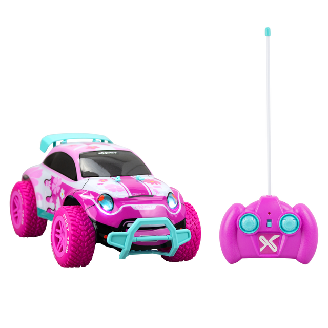 Remote control off-road car with LED headlights, durable tires, and a sleek design, perfect for adventurous play.