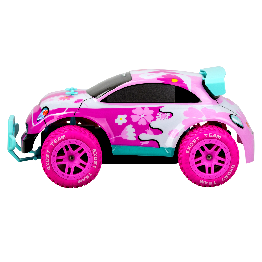 Vibrant off-road remote control car with LED headlights and durable tires for adventurous play, suitable for ages 5+.