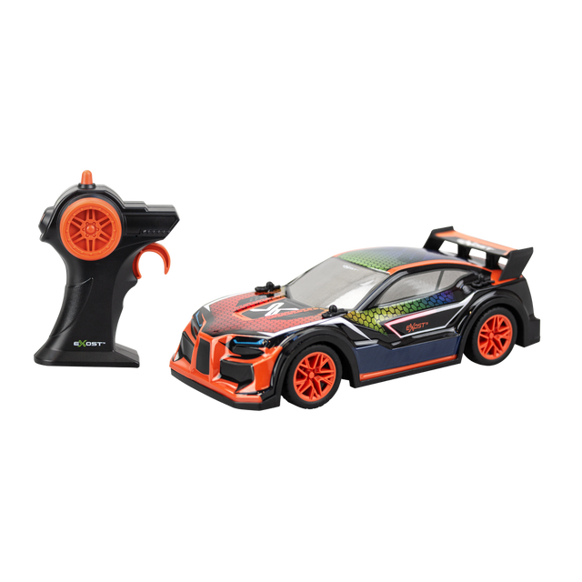 Remote-controlled Silverlit Exost - Fusion Bolt car with dynamic lights, immersive sounds, and sleek urban design for thrilling races.