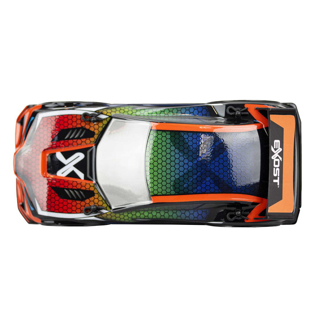 Dynamic remote-controlled car with color-changing lights, sound effects, and sleek urban design for thrilling speed fun.