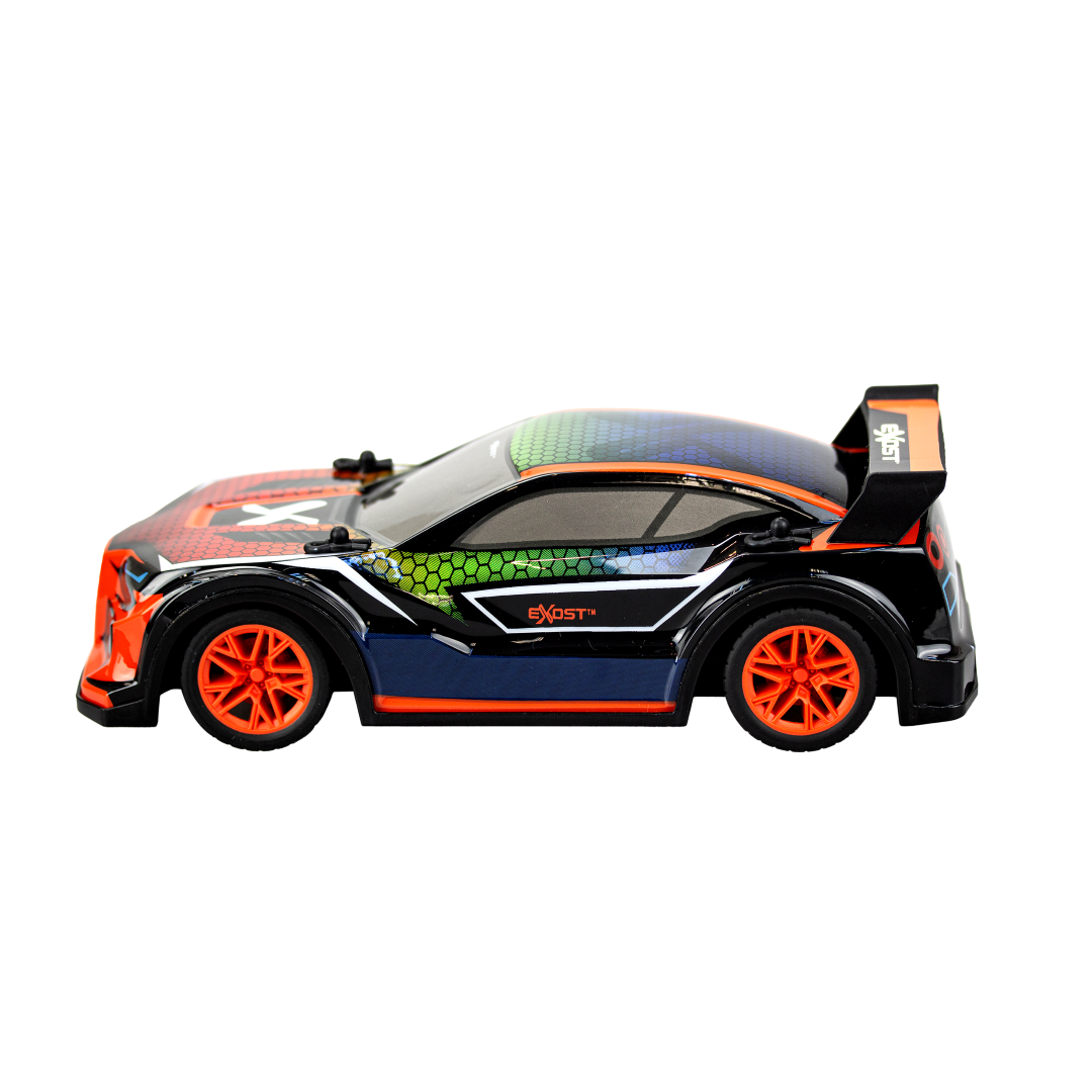 Remote-controlled Silverlit Exost - Fusion Bolt car with vibrant dynamic lights, sound effects, and sleek urban design.