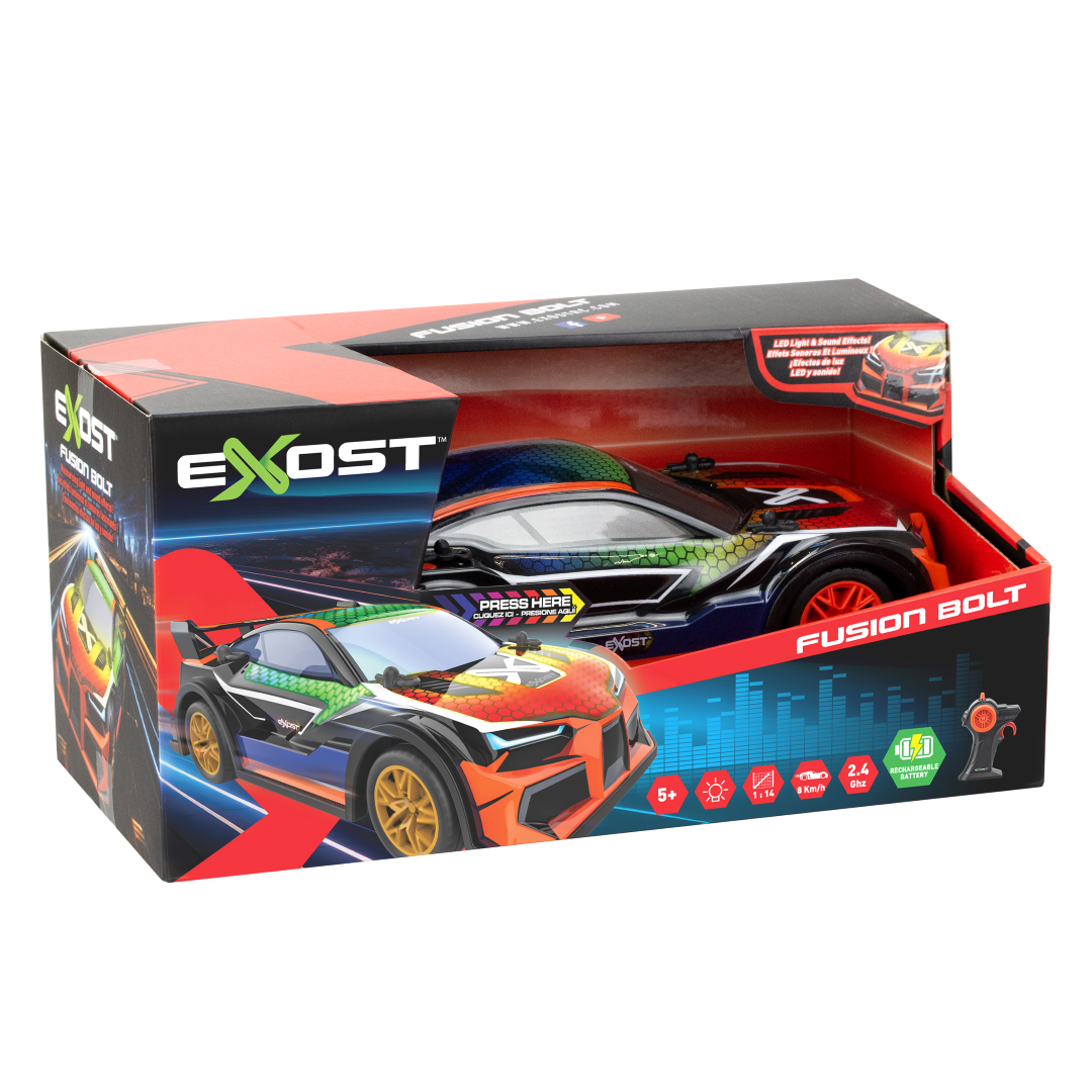 Remote-controlled Silverlit Exost - Fusion Bolt car with dynamic lights, sound effects, and speeds up to 8 km/h.