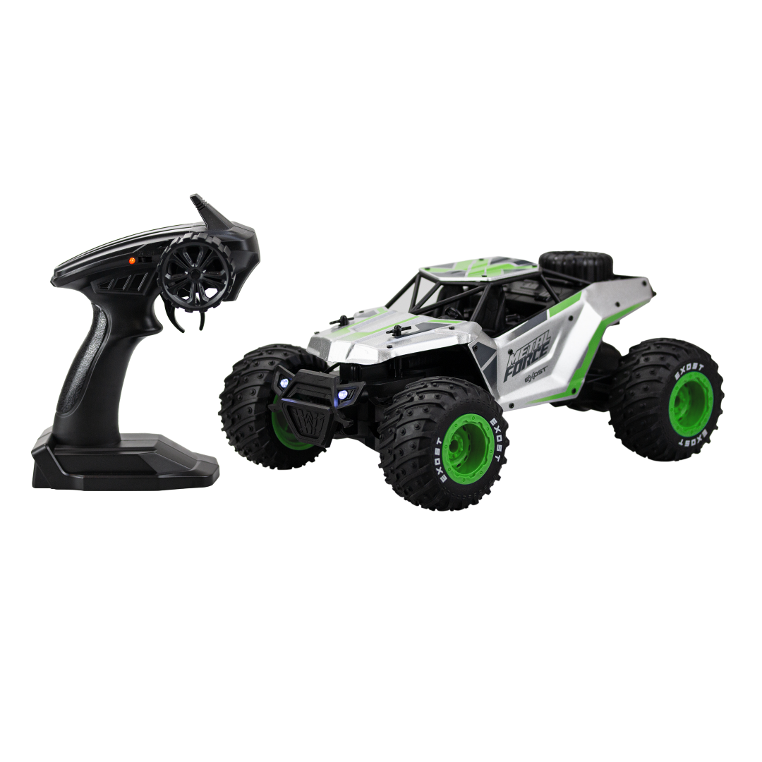 High-performance Silverlit Exost Metal Force RC vehicle with alloy body, LED headlights, and durable off-road tires.