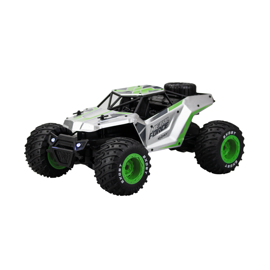 Silverlit Exost Metal Force RC vehicle with alloy body, LED lights, durable tires, and 2.4Ghz control for outdoor fun.