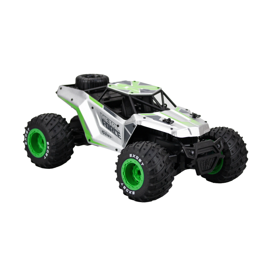 High-performance RC vehicle with metallic body, LED headlights, off-road tires, and 2.4GHz control for outdoor fun.