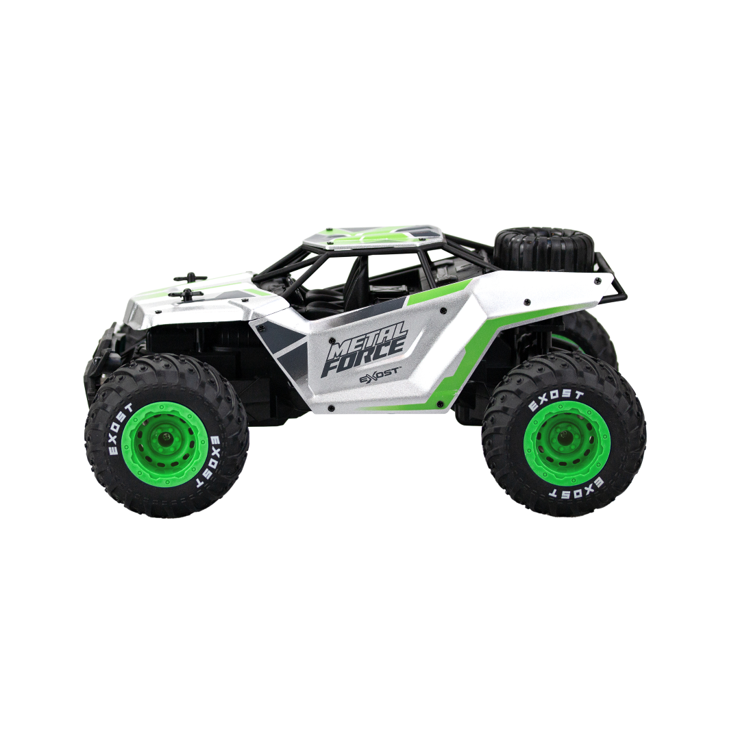 High-performance RC vehicle with alloy body, LED headlights, durable tires, and 2.4Ghz control for outdoor adventures.