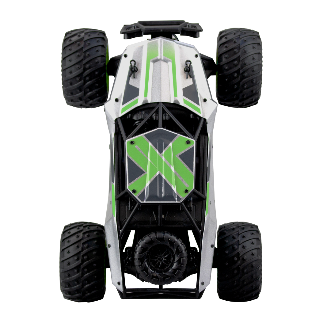 High-performance RC vehicle with metallic body, LED headlights, and off-road tires for outdoor adventures.