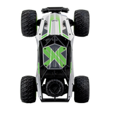 High-performance RC vehicle with metallic body, LED headlights, and off-road tires for outdoor adventures.