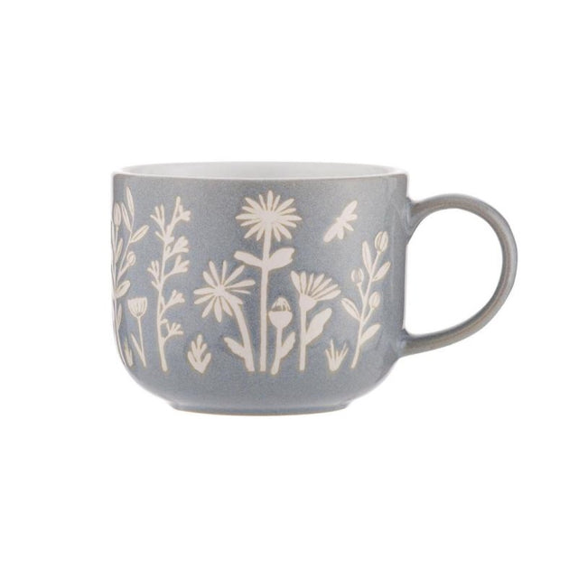 Mason Cash 400ml stoneware mug with blue daisy design, featuring a comfortable rounded shape and microwave-safe convenience.