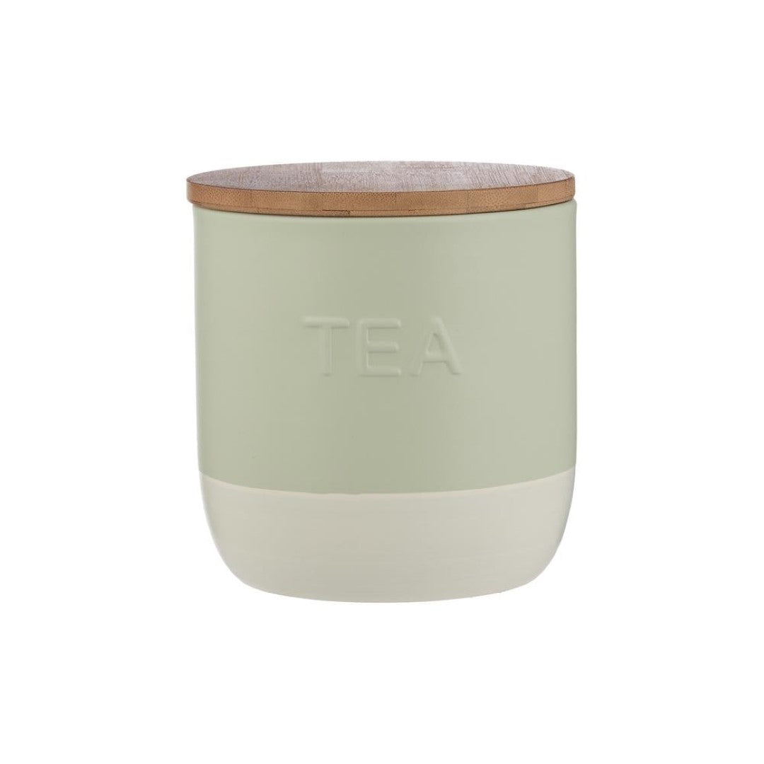 Elegant green TYPHOON Oben 1.25L tea canister with mini tongs, designed for stylish tea storage and preservation.