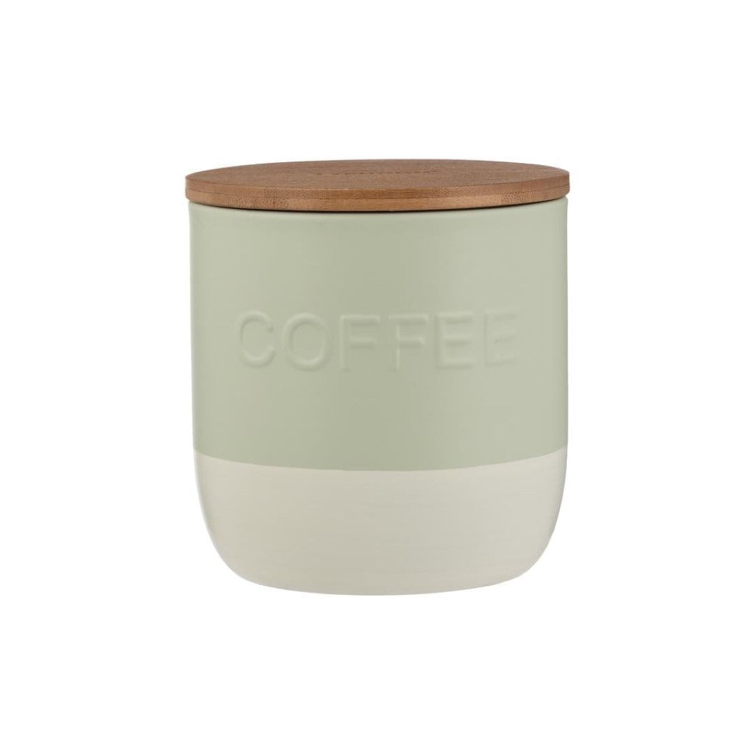 Airtight green coffee canister with mini spoon, 1.25L capacity, stylish design for fresh coffee storage.