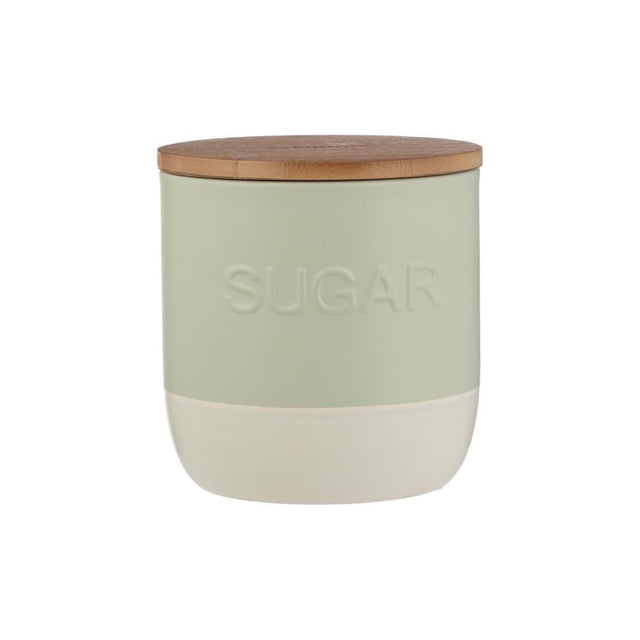 Green sugar canister with a mini spoon, 1.25L capacity, featuring a stylish design for kitchen organization.