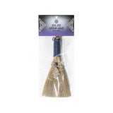 Wicca broom with Hamsa Hand and Evil Eye charm, 20cm, for cleansing negativity and enhancing spiritual practices.