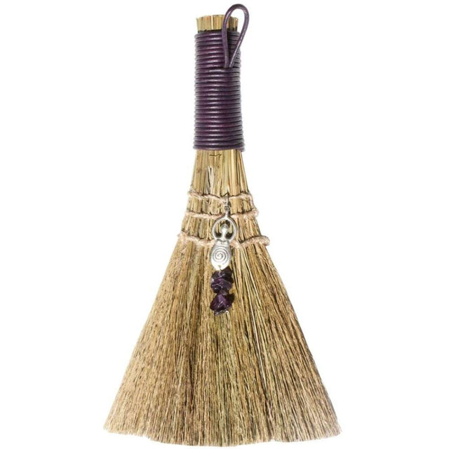 Wicca broom with Goddess charm and Amethyst crystals, 20cm, used for cleansing negativity and enhancing spiritual practices.