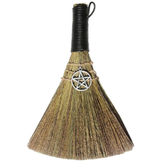 Wicca broom with a Pentacle charm, 20cm in size, for spiritual cleansing and decorative hanging in sacred spaces.