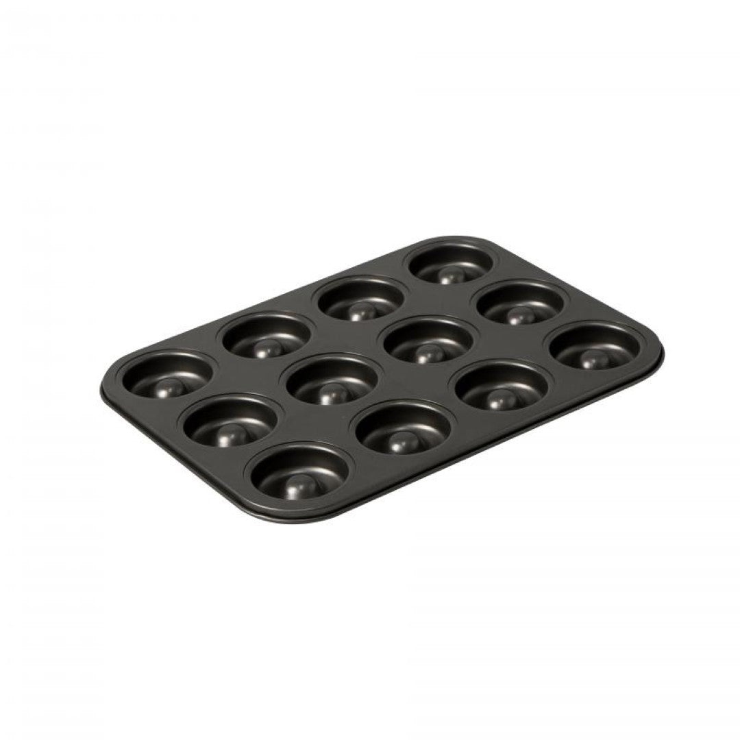 Non-stick 12 cup doughnut pan from BAKEMASTER, made of durable carbon steel for perfect mini doughnuts every time.