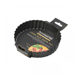 Mini non-stick quiche pan with loose base, perfect for individual pies, tarts, and quiches; fridge, freezer, and oven safe.