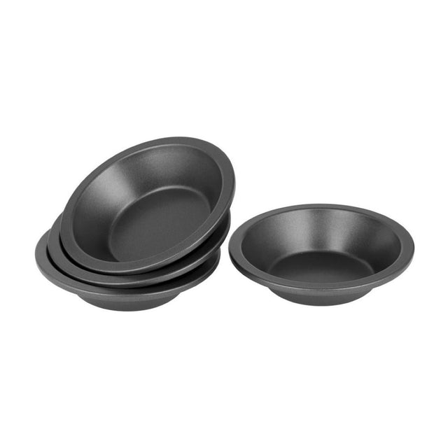 Set of 4 BAKEMASTER Mini Non-Stick Round Pie Dishes, perfect for individual sweet and savory pies, quiches, and tarts.