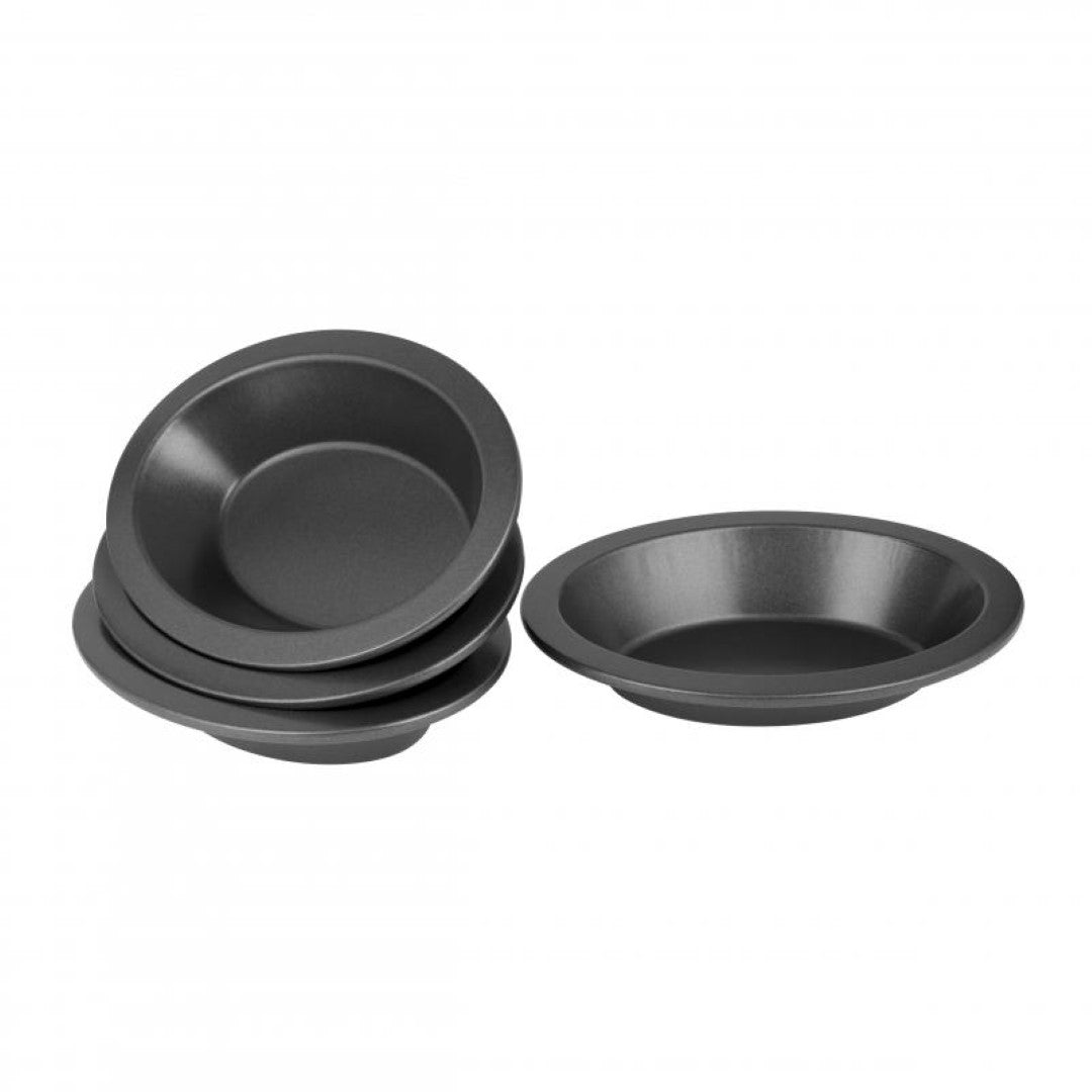 Set of 4 BAKEMASTER mini non-stick oval pie dishes, ideal for individual pies, quiches, and tarts, 16x12.5cm each.