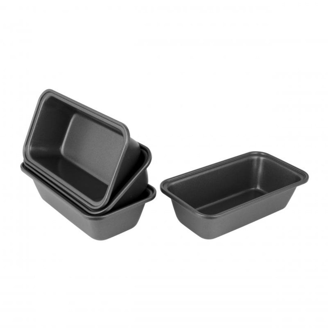 Set of 4 mini non-stick loaf pans, perfect for baking individual breads and cakes, with durable rolled edges and easy release.