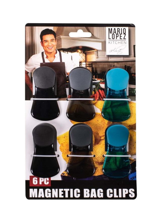 Set of 6 AVANTI Mario Lopez magnetic bag clips designed to keep snacks fresh and organized on metal surfaces.