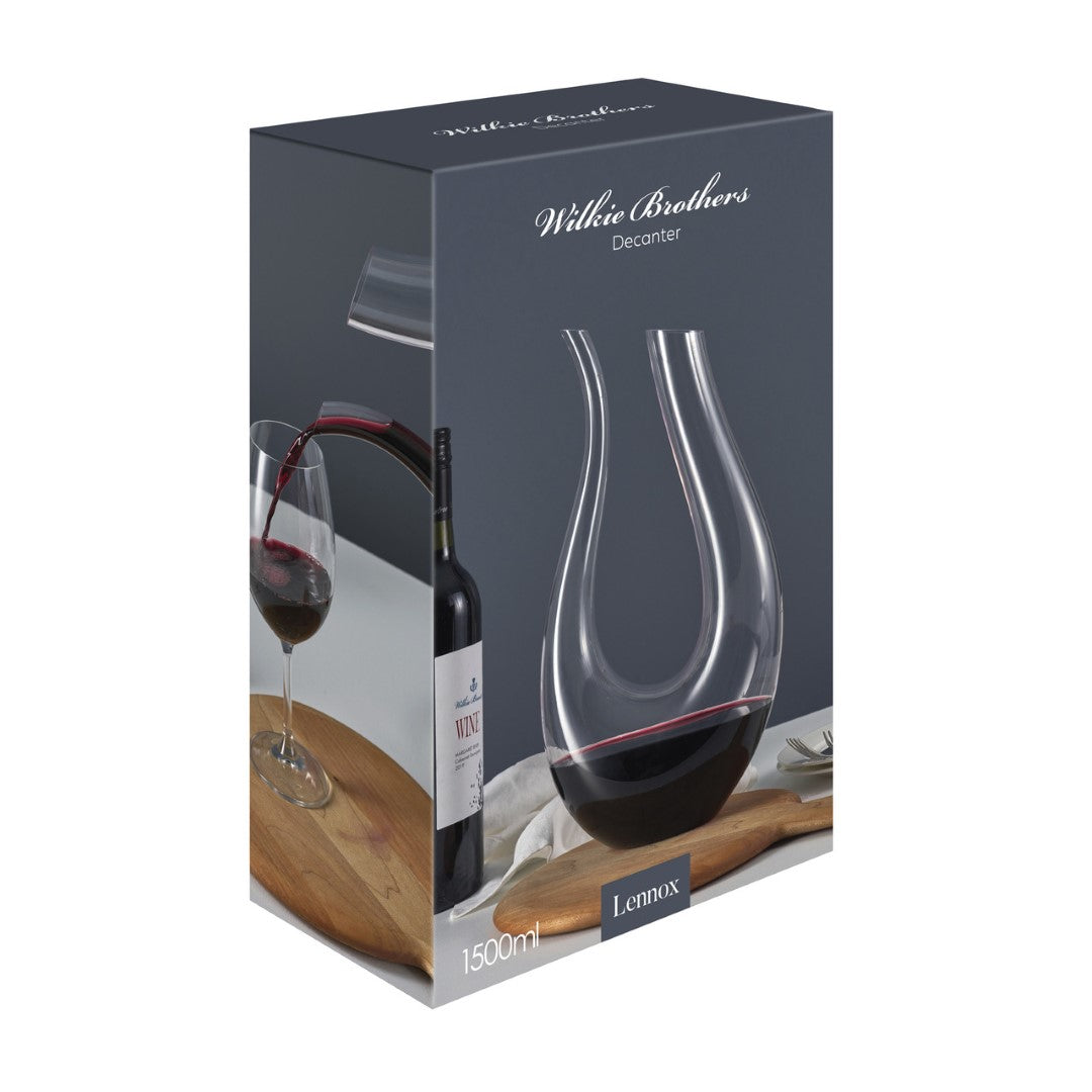 Handmade Wilkie Brothers Lennox glass decanter (1500ml) for elegant wine serving and aeration, featuring a stylish tapered design.