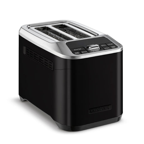 Cuisinart 2 Slice Toaster in matte black with 7 browning settings, digital display, and wide slots for versatile toasting.