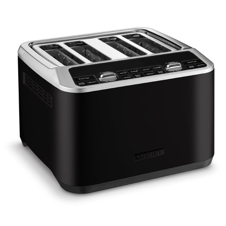 4 Slice Toaster in matte black with 7 browning settings, digital display, and wide slots for versatile toasting options.