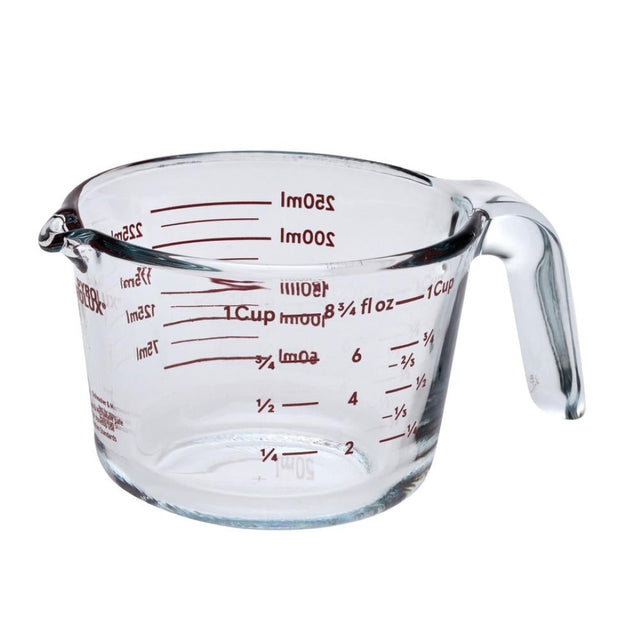 250ml PYROLUX glass measure jug with a spout, ergonomic handle, and clear metric and imperial measurements.