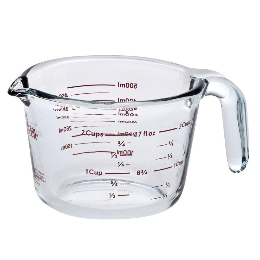 500ml PYROLUX glass measure jug in borosilicate glass with easy-to-read measurements, handle, and spout for effortless pouring.