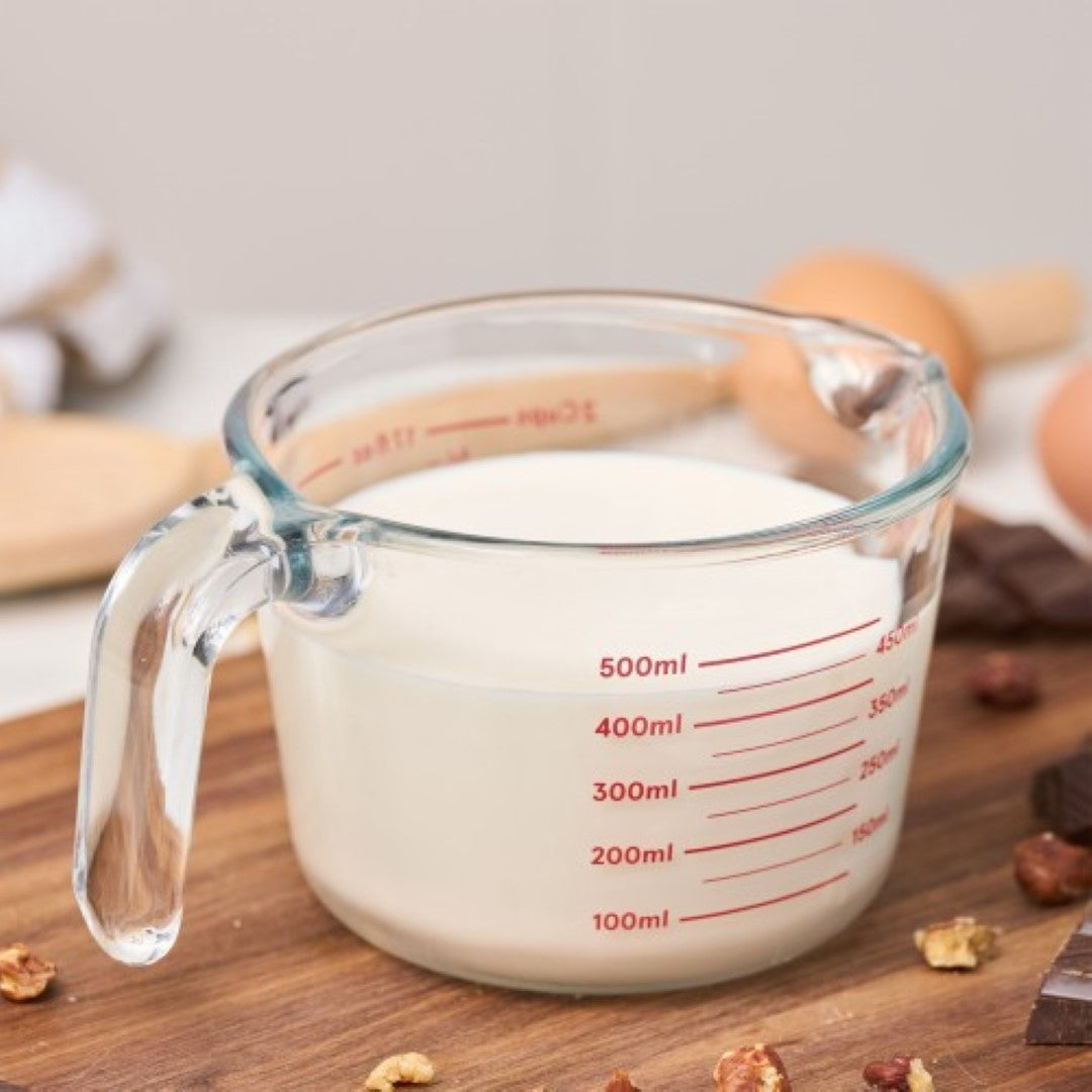 PYROLUX 500ml Glass Measure Jug with easy-to-read measurements, comfortable handle, and a durable design for kitchen use.