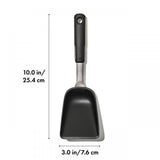 Wide-head nylon scoop for easy serving of roasted and fried foods, with tapered edges to reduce mess and dishwasher safe.