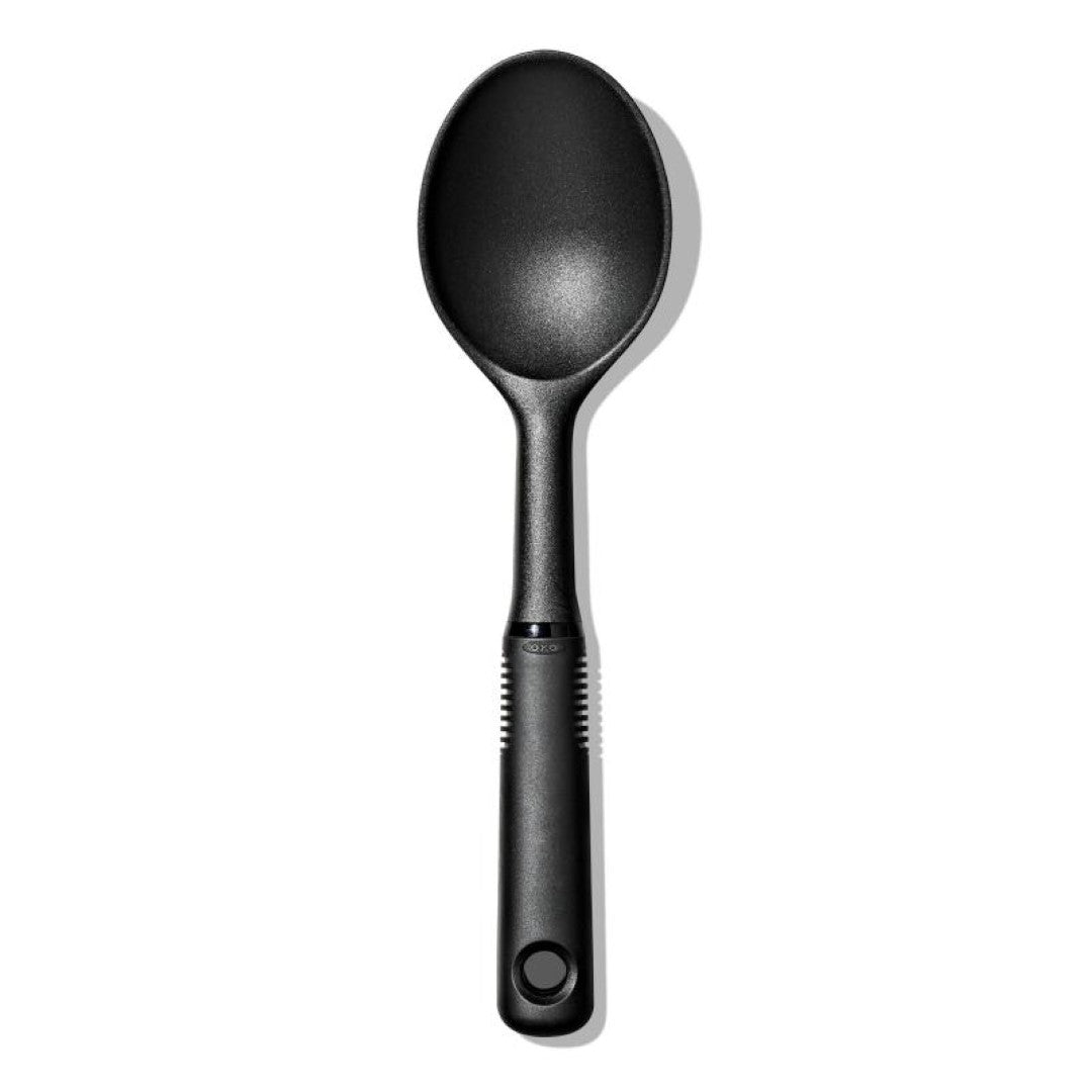 Nylon mini spoon with heat-resistant design, perfect for stirring sauces in non-stick cookware; comfortable, non-slip grip.