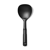 Nylon rice paddle with short handle, non-slip grip, perfect for stirring and serving rice and grains, safe for non-stick cookware.