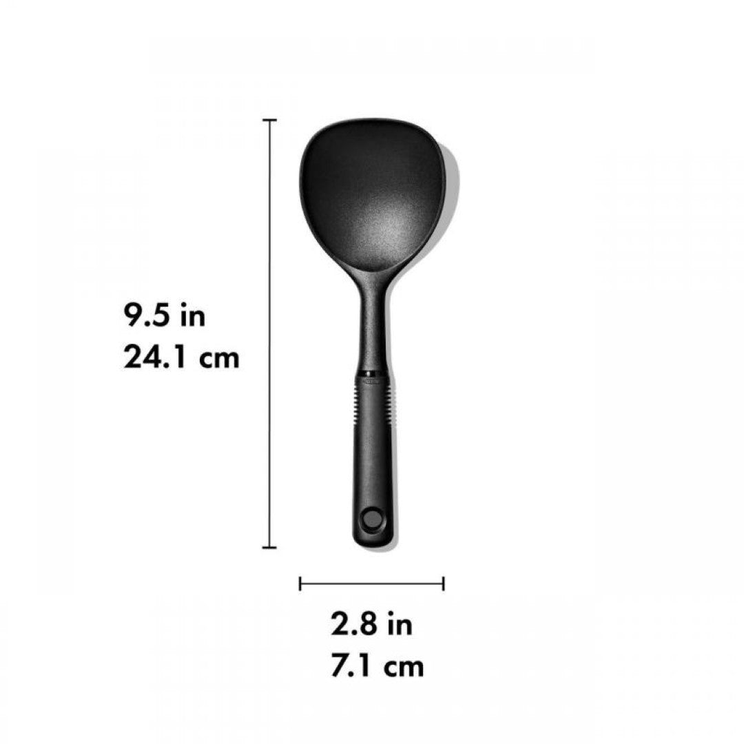 Nylon Rice Paddle with short handle and non-slip grip, safe for non-stick cookware, ideal for stirring and serving rice.