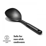 Nylon rice paddle with short handle for easy stirring, safe for non-stick cookware, heat resistant, and dishwasher safe.