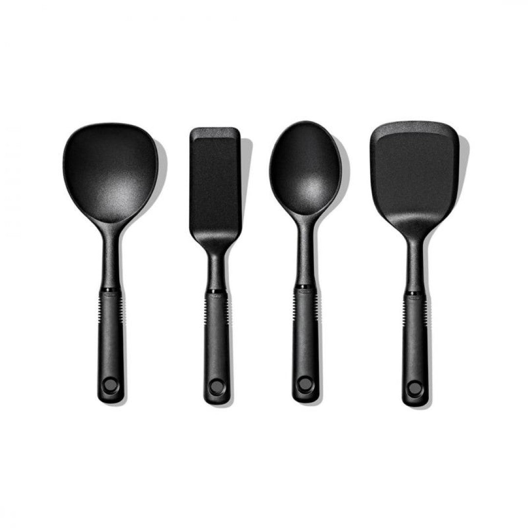 4 Piece Nylon Mini Utensil Set by OXO Good Grips, featuring a Mini Turner, Rice Paddle, Mini Spoon, and Cut & Serve Turner.