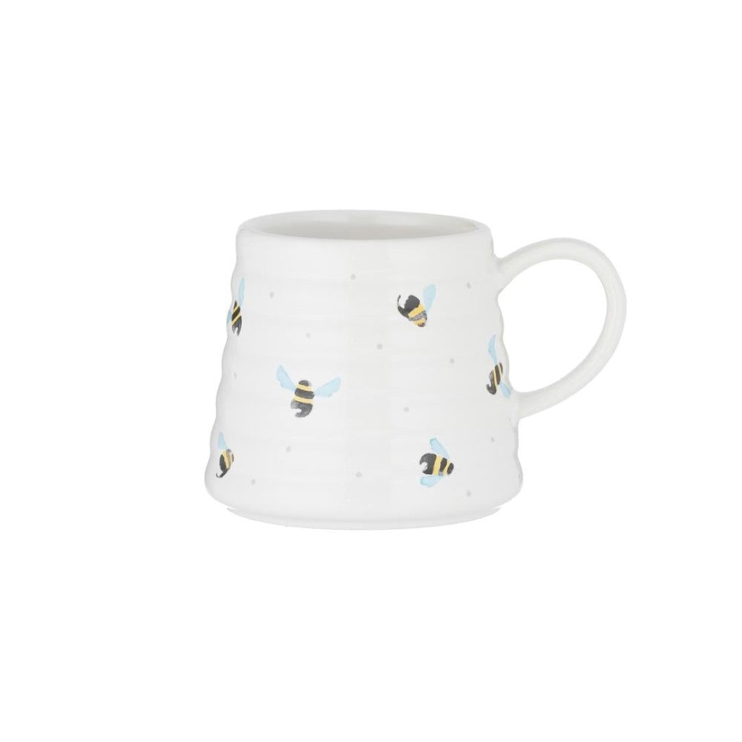 Charming stoneware mug featuring bumblebees, conical beehive shape, and a cozy handle, perfect for various beverages.