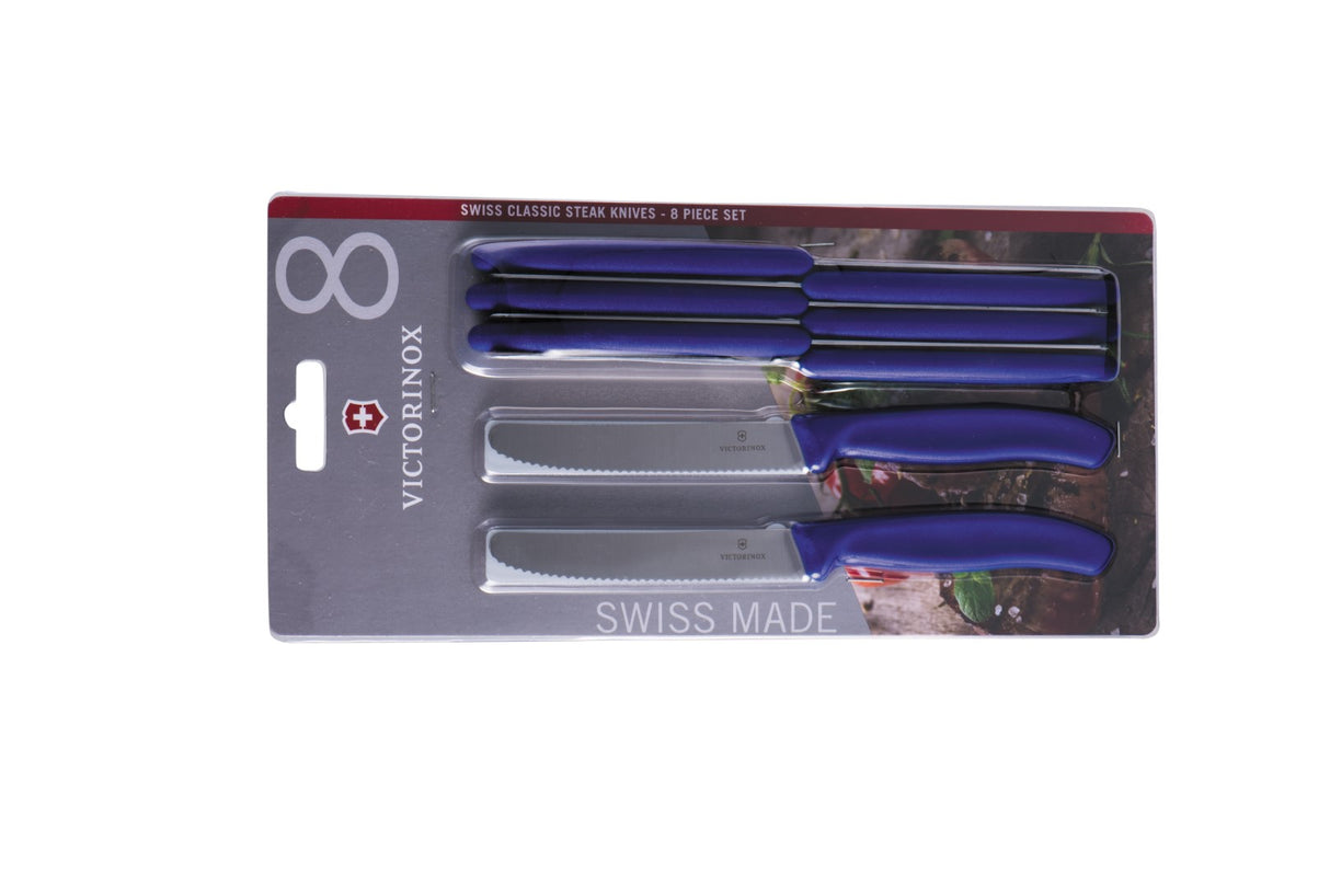 VICTORINOX SWISS CLASSIC 8 Piece Steak/Tomato Set in blue, featuring sharp stainless steel blades and ergonomic handles.