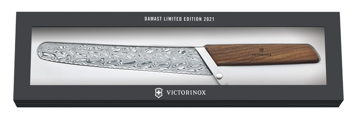 VICTORINOX Swiss Modern Damast Bread Knife with ergonomic handle and sharp damask blade for effortless slicing.