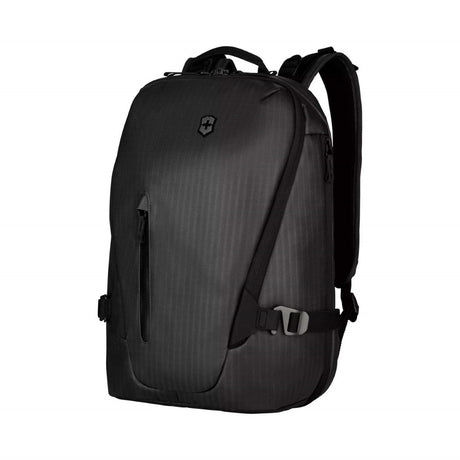 Sleek black VX Touring CitySports backpack with padded straps, 15-inch laptop compartment, and water-resistant zippers.