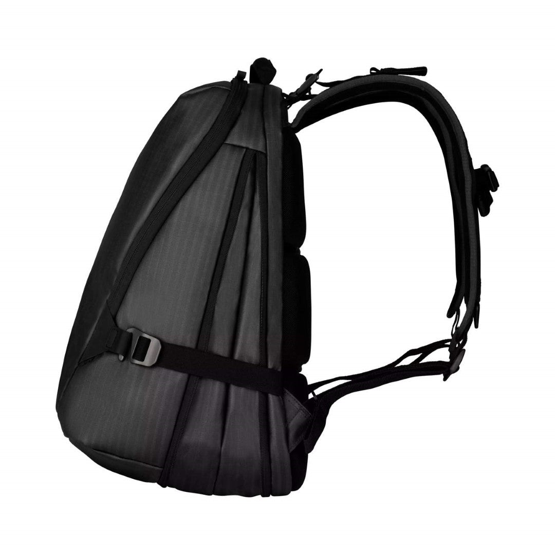 Sleek black VX Touring CitySports backpack with 15-inch laptop compartment and water-resistant zippers for urban adventures.