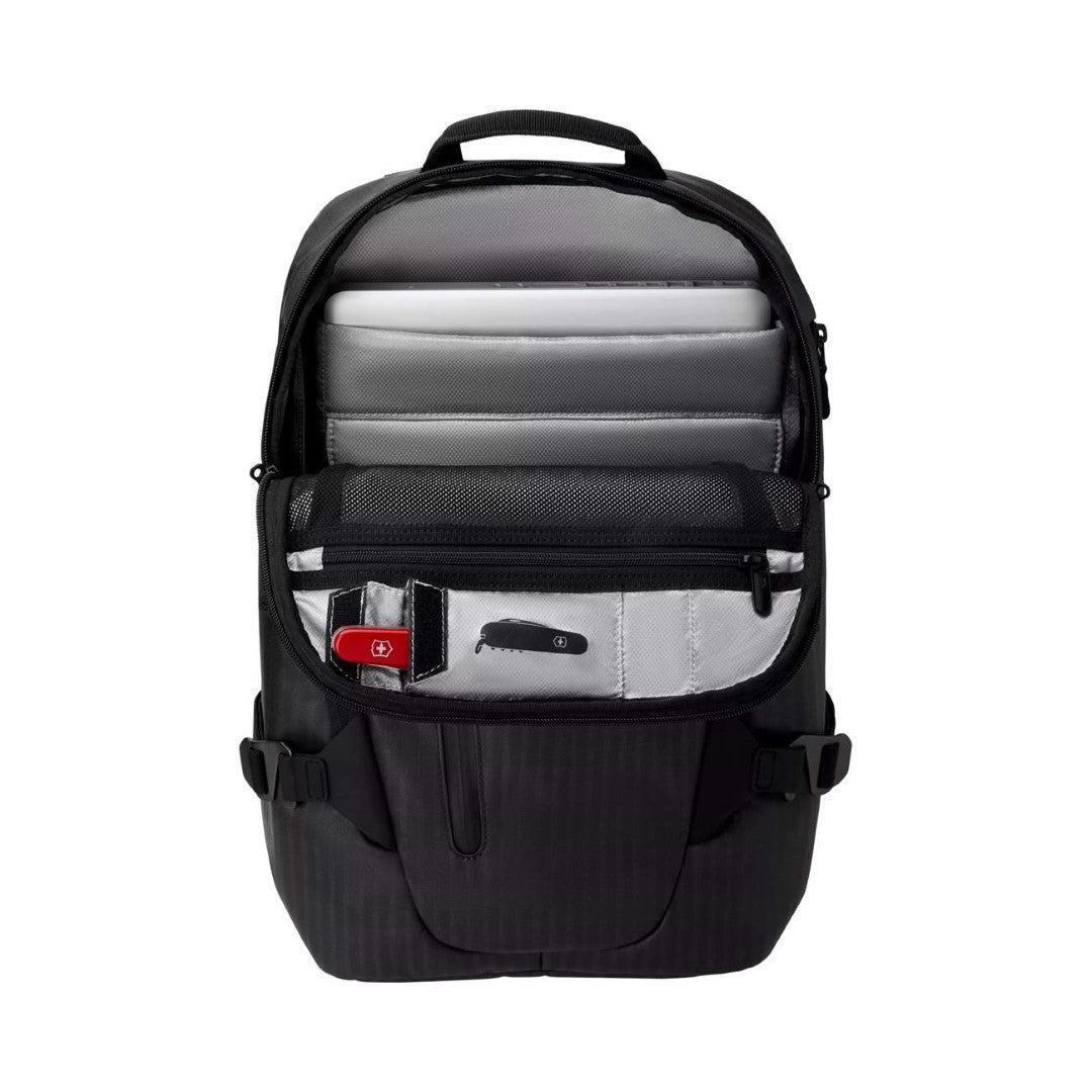 Sleek black VX Touring CitySports 15L top backpack with padded straps, 15-inch laptop compartment, and water-resistant zippers.